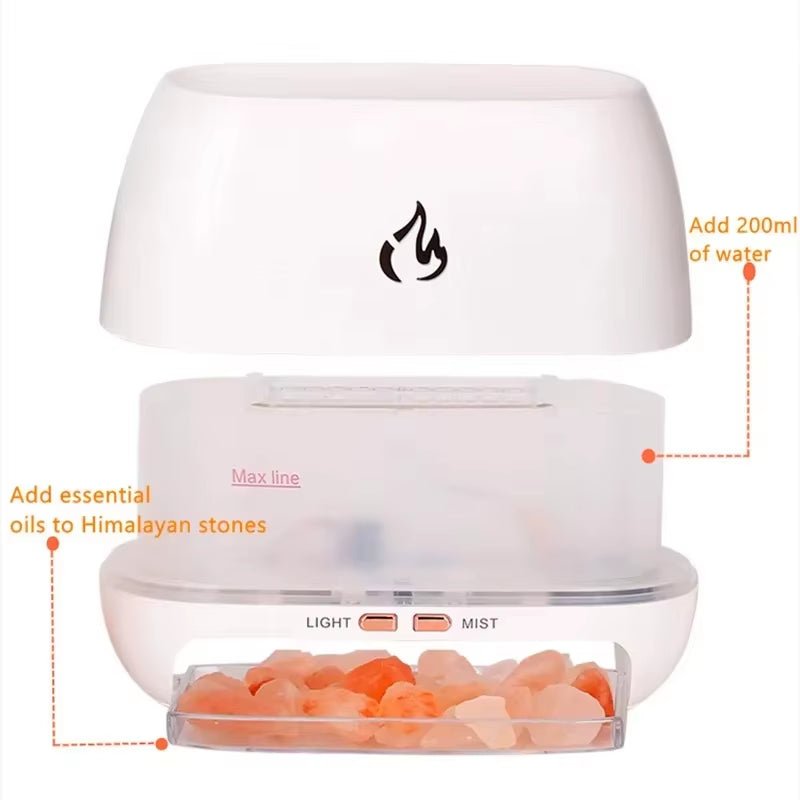 New Himalayan Crystal Salt Stone Aroma Air Humidifiers 3D Flame Fire Colorful Night Light Aromatherapy Essential Oil Diffuser