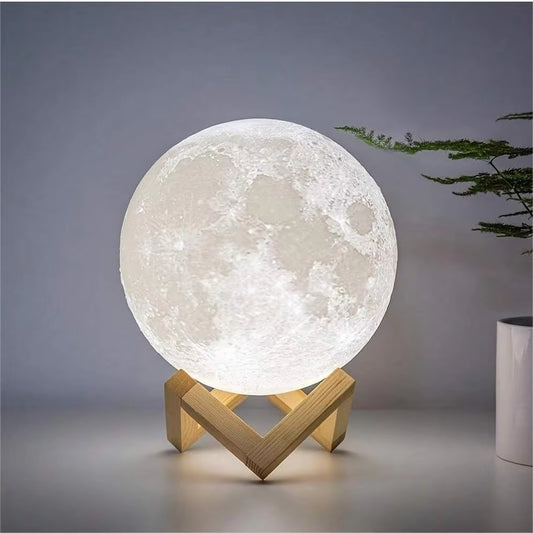 1Pc 3D Moon Lamp Humidifier with Wooden Base 3 LED Night Lighting with Touch Control Brightness for Home Office Decor