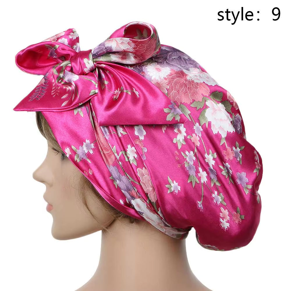 Women Fashion Sleeping Bonnet Cap Soft Pure Silk Sleep Hats Hair Care Wrap Female Night Cap 10 Kinds of Color