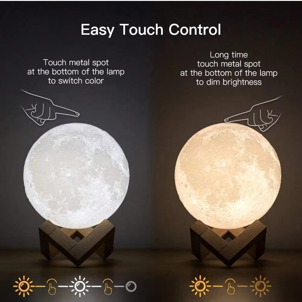 1Pc 3D Moon Lamp Humidifier with Wooden Base 3 LED Night Lighting with Touch Control Brightness for Home Office Decor