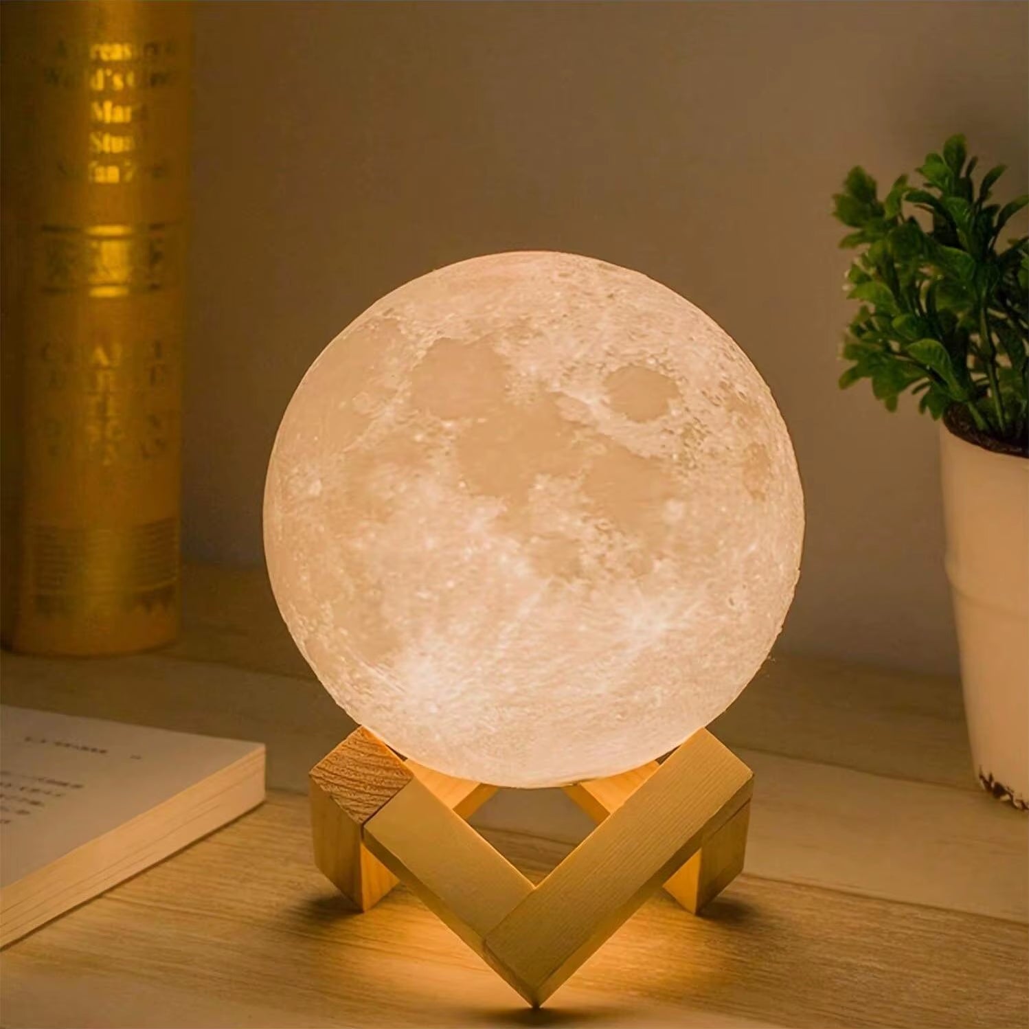 1Pc 3D Moon Lamp Humidifier with Wooden Base 3 LED Night Lighting with Touch Control Brightness for Home Office Decor